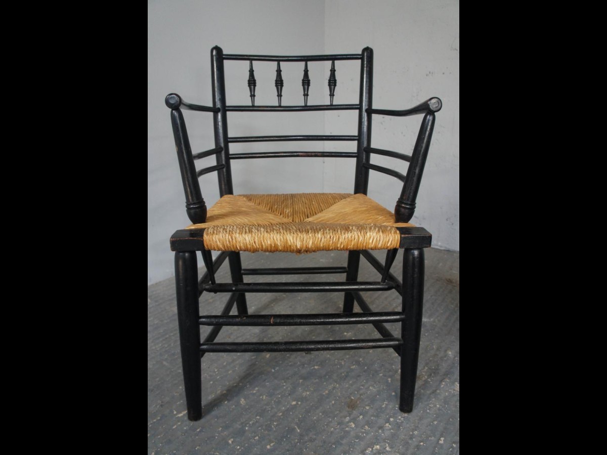 19th Century Pair of William Morris Sussex Armchairs with Rush Seat