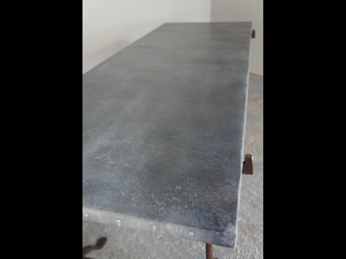 Vintage Industrial Zinc Top Dining Table on Wrought Iron Trestle Legs