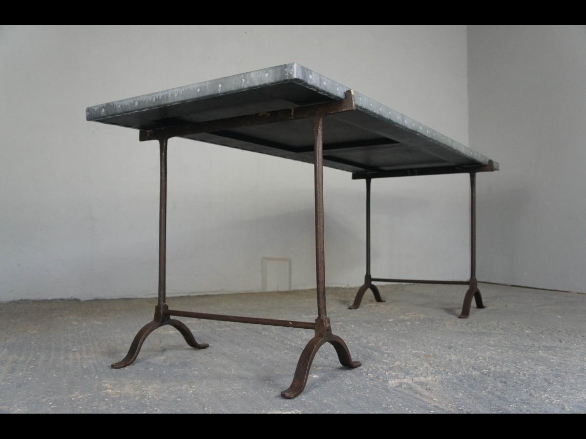 Vintage Industrial Zinc Top Dining Table on Wrought Iron Trestle Legs