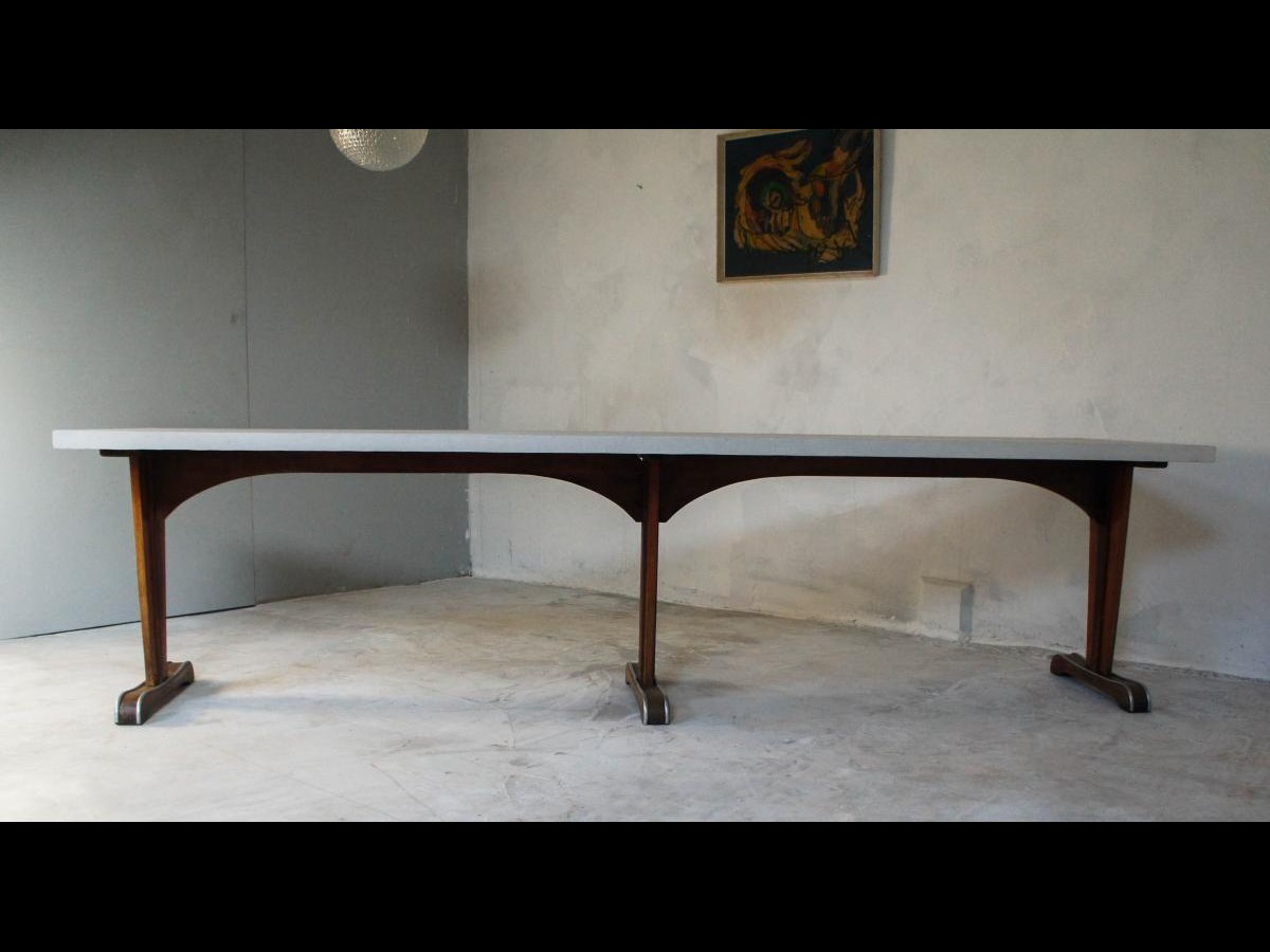 Mid Century Large Wooden French Bistro Dining Table 20th Century Concrete Top