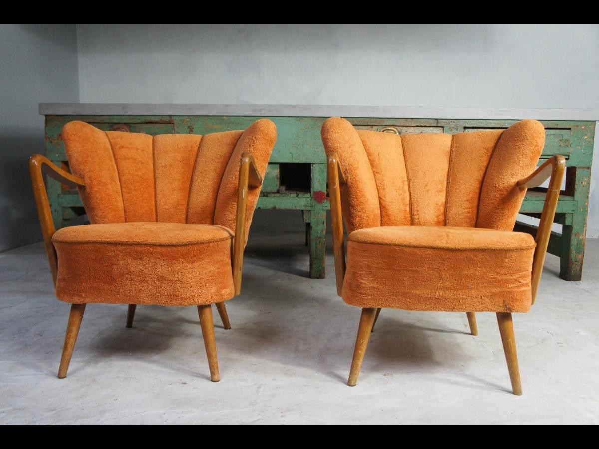 Midcentury Pair of Orange Cocktail Armchairs