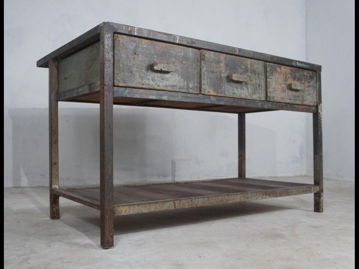 Steel Framed Workbench Kitchen Island with Concrete Style Top