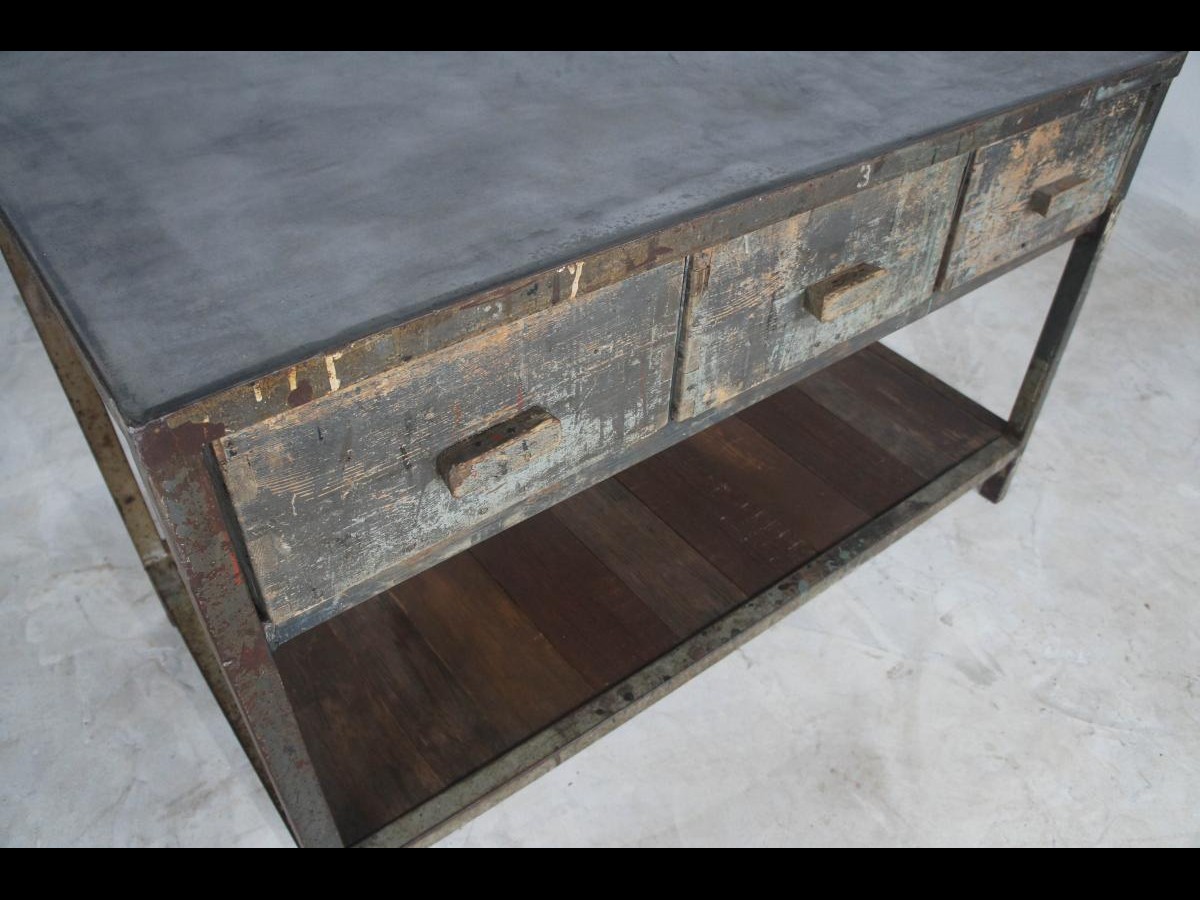 Steel Framed Workbench Kitchen Island with Concrete Style Top
