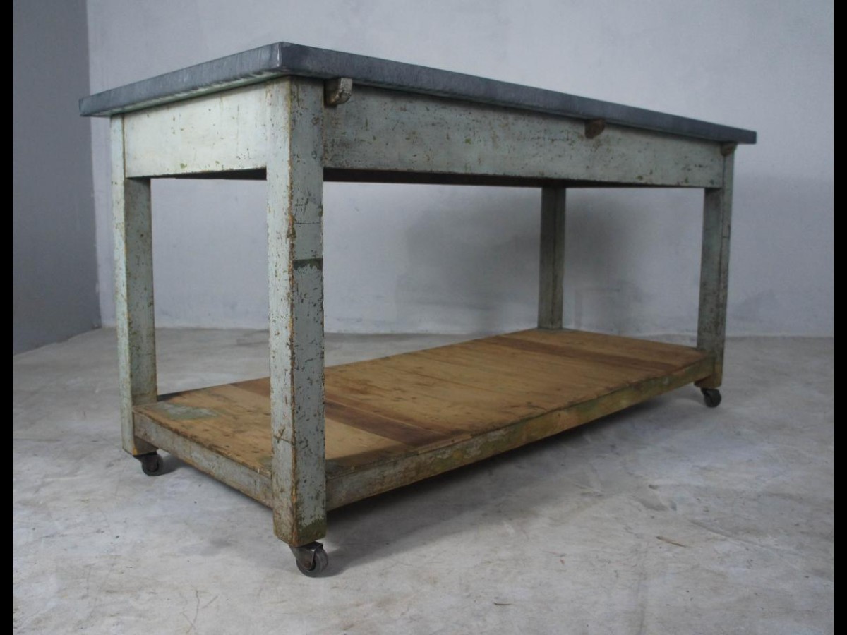French Table, Sideboard or Kitchen Island with Zinc Top on Casters