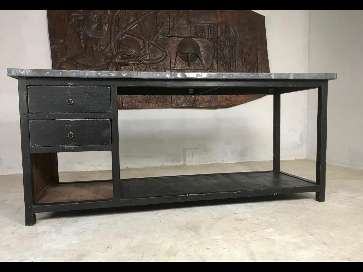 Vintage Shop Counter / Kitchen Island with Aged Zinc Top