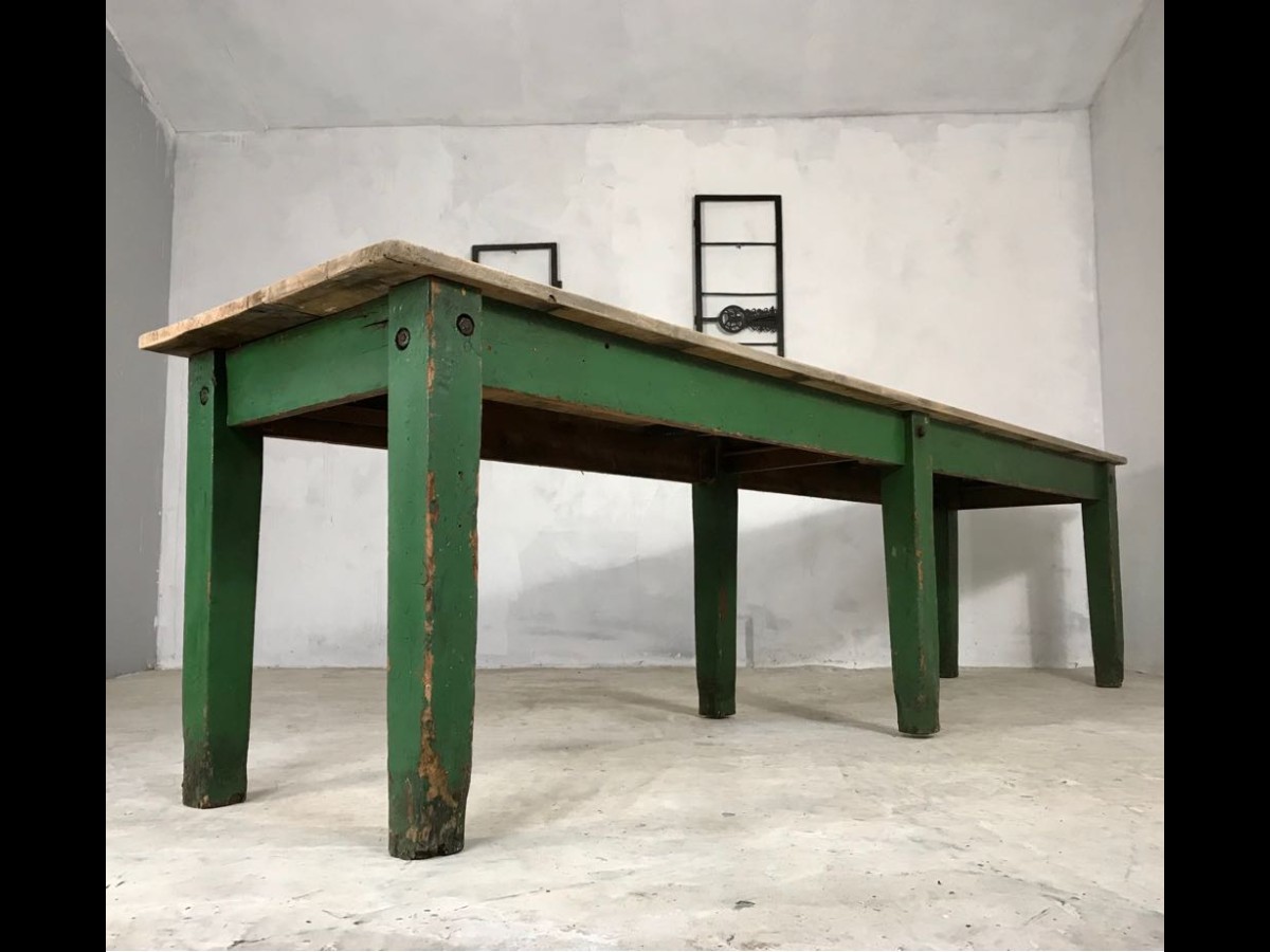 Late 19th Century English Pine Green Dining Work Table with Elm Top