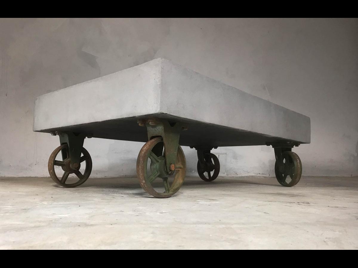 21st Century Vintage Industrial Coffee Table Wheels Concrete Style Loft Warehouse