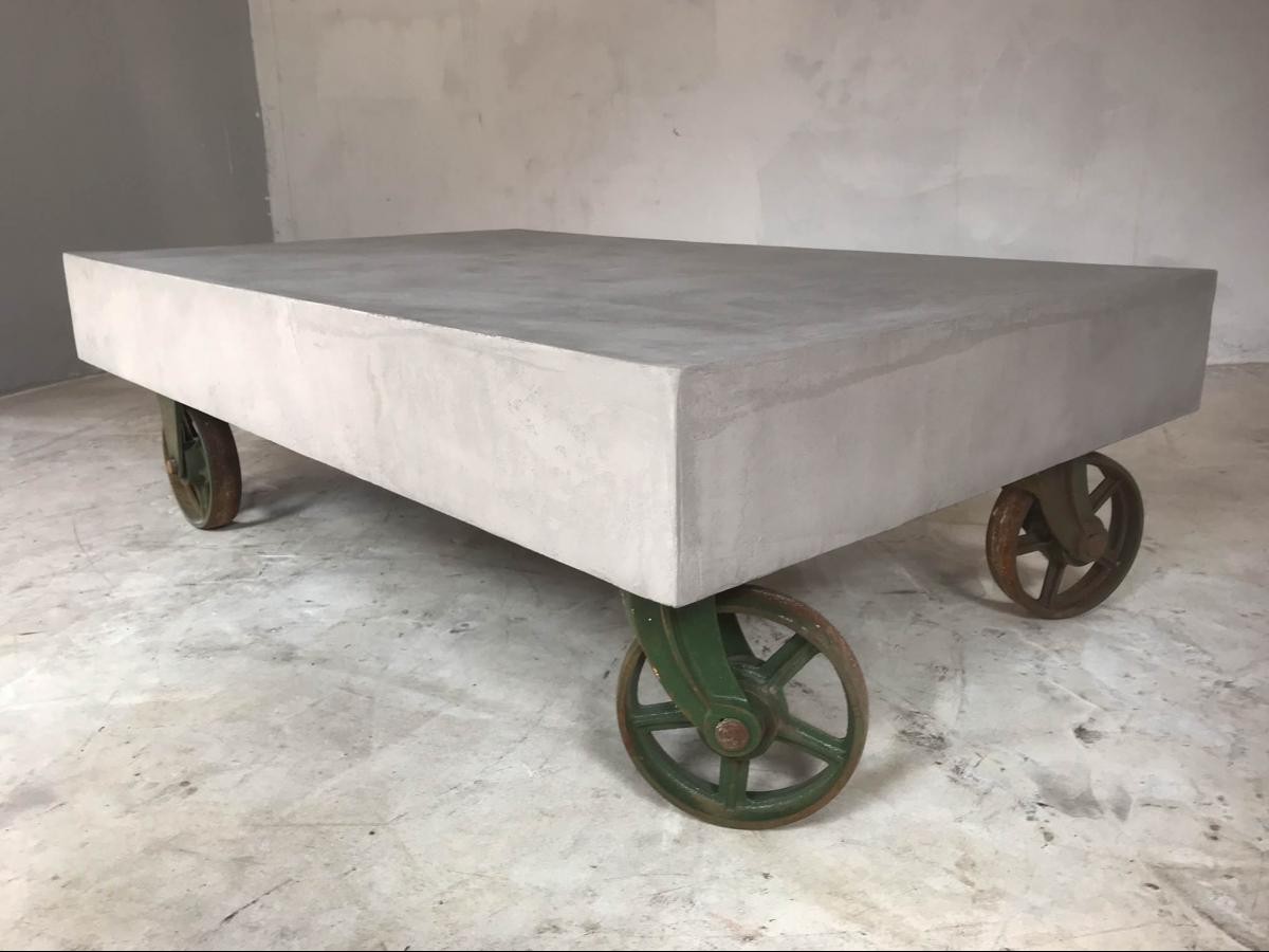 21st Century Vintage Industrial Coffee Table Wheels Concrete Style Loft Warehouse