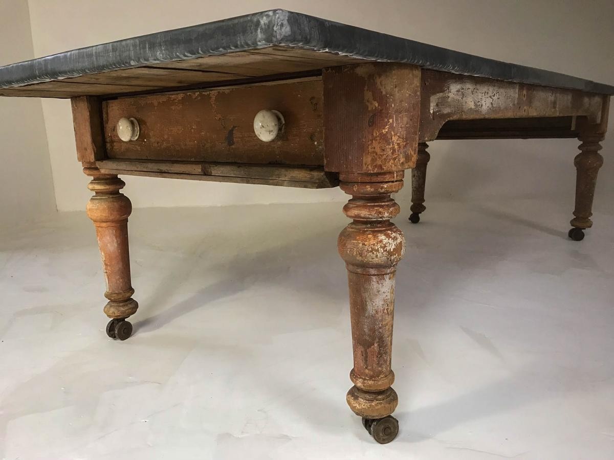 19th Century Victorian Rustic Dining Table with Aged Zinc Top