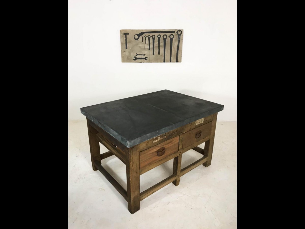 Vintage Industrial Pine Printers Table Zinc Top Kitchen Island