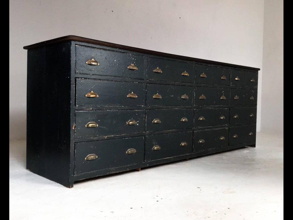 20th Century Antique Pine Black Bank of Drawers Sideboard Haberdashery