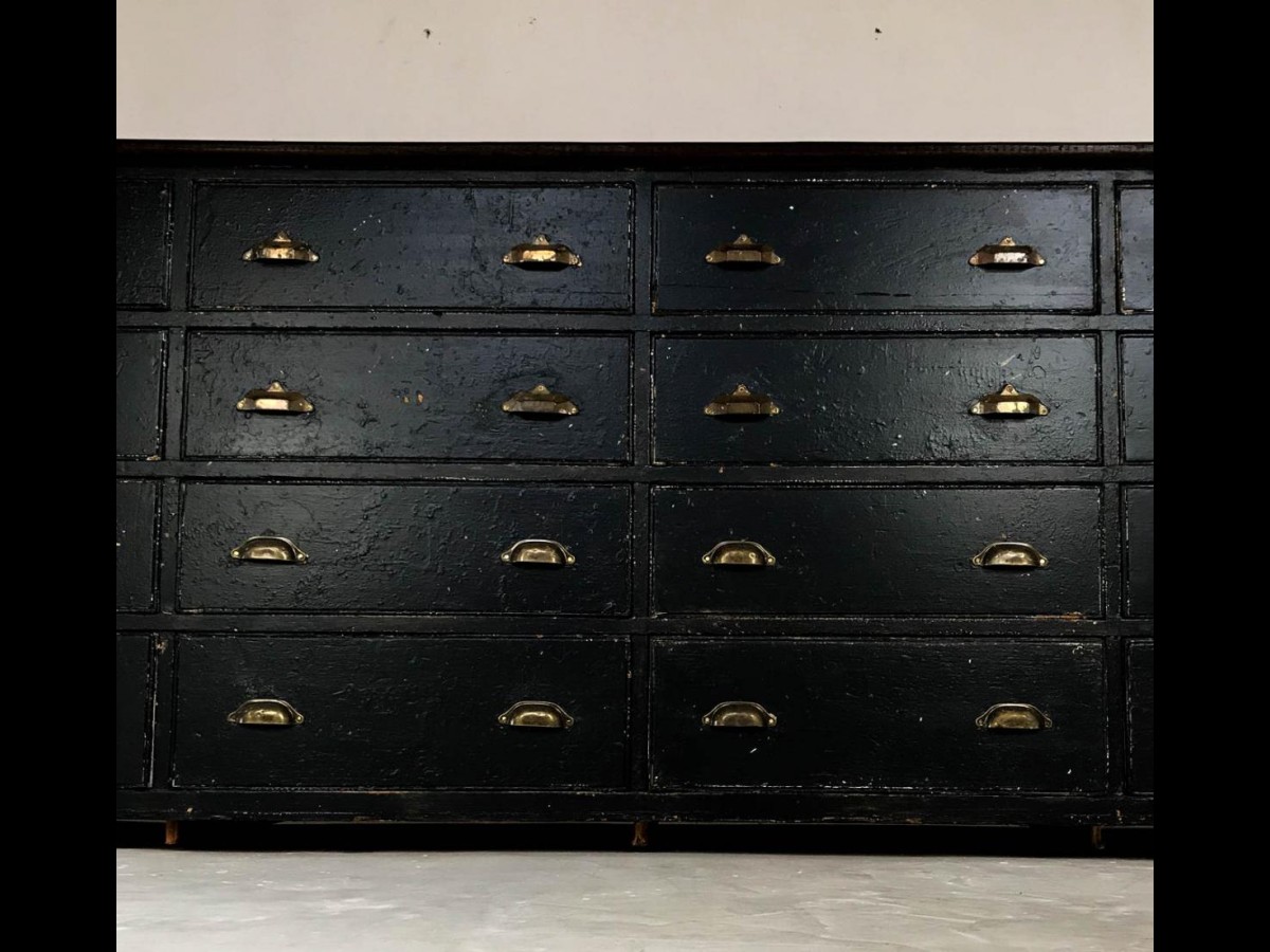 20th Century Antique Pine Black Bank of Drawers Sideboard Haberdashery