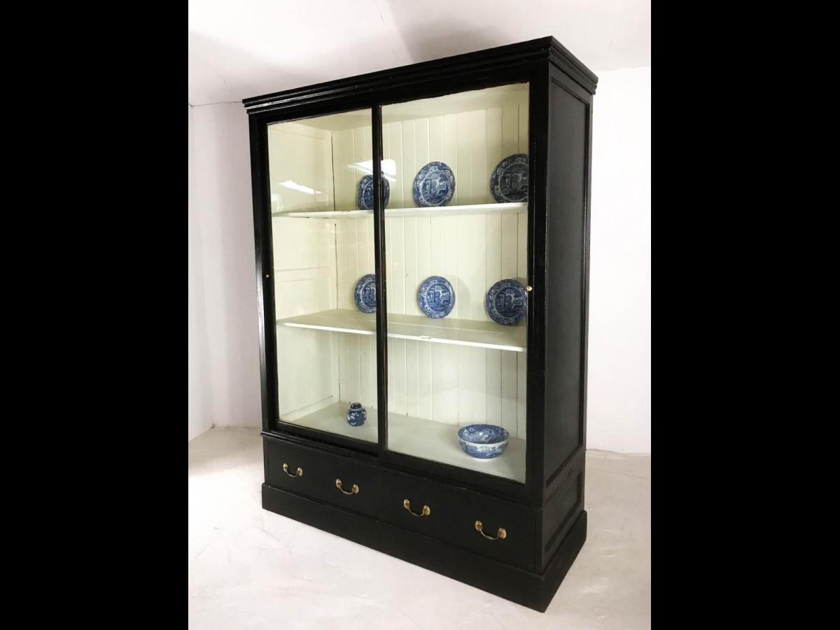 19th Century Victorian Pine Black Display Cabinet Cupboard Bookcase