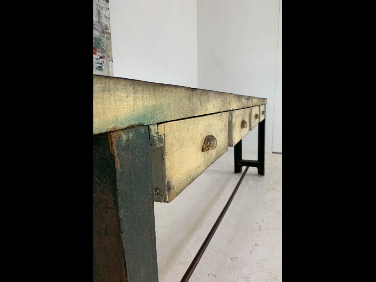 Vintage Industrial Engineer's Workbench Side Table on Cast Iron Ends