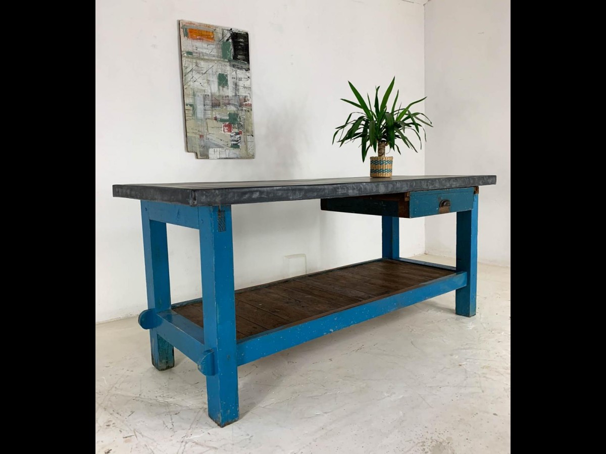 Vintage Industrial Painted Pine 'Potting Board' Table Workbench with Zinc Top