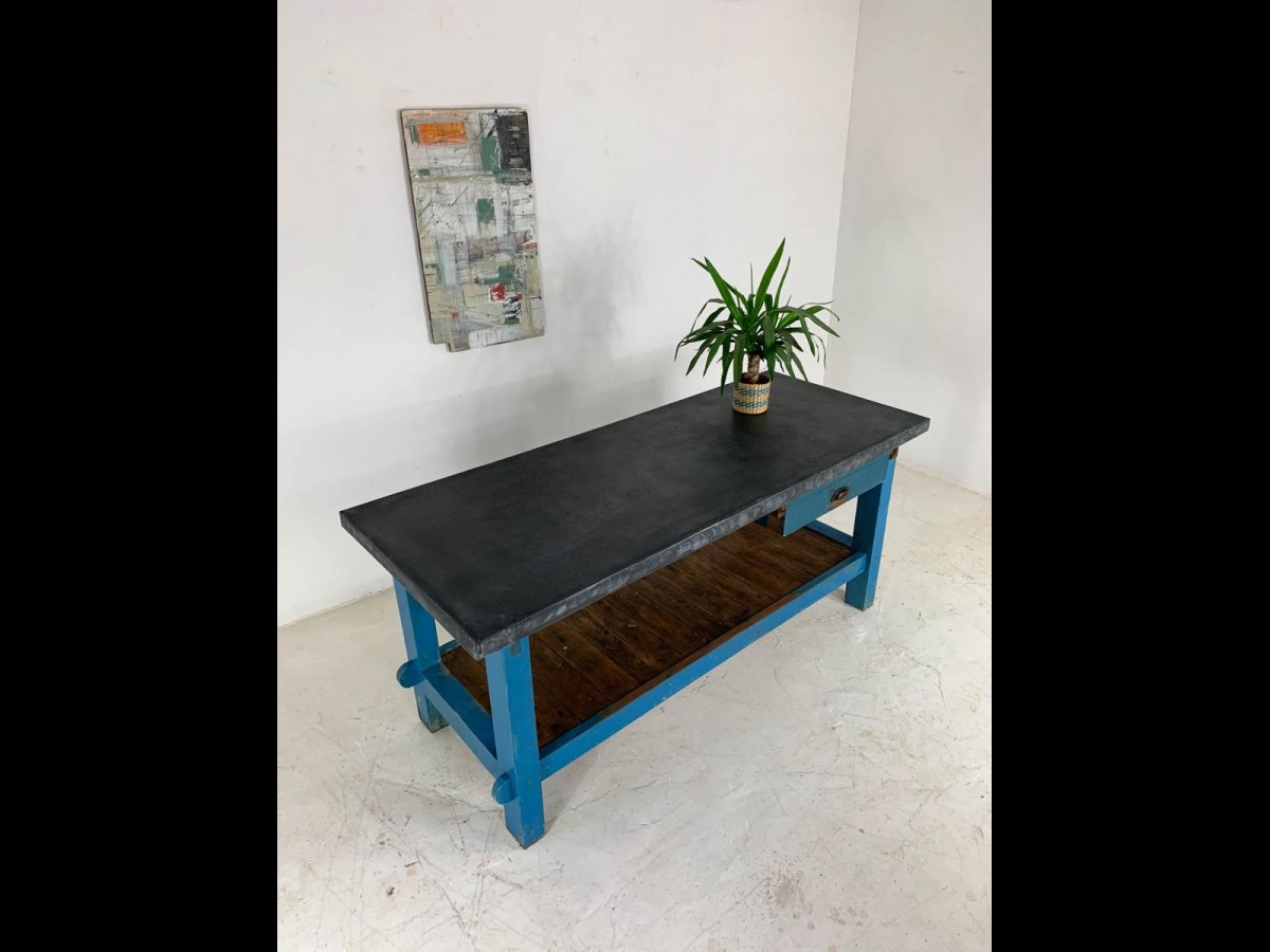 Vintage Industrial Painted Pine 'Potting Board' Table Workbench with Zinc Top