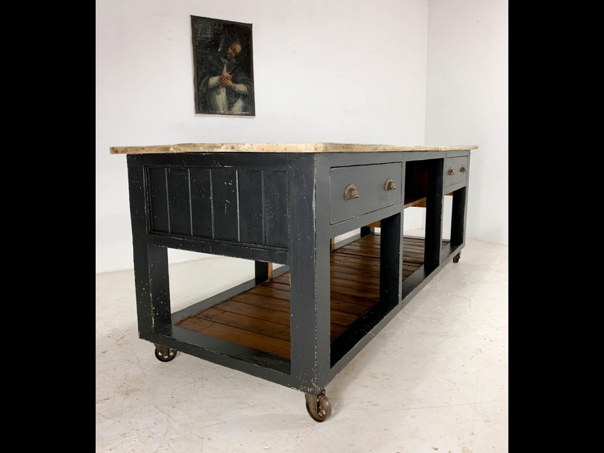 Vintage Industrial Workbench Painted Pine Baker's Table Kitchen Island Work Table