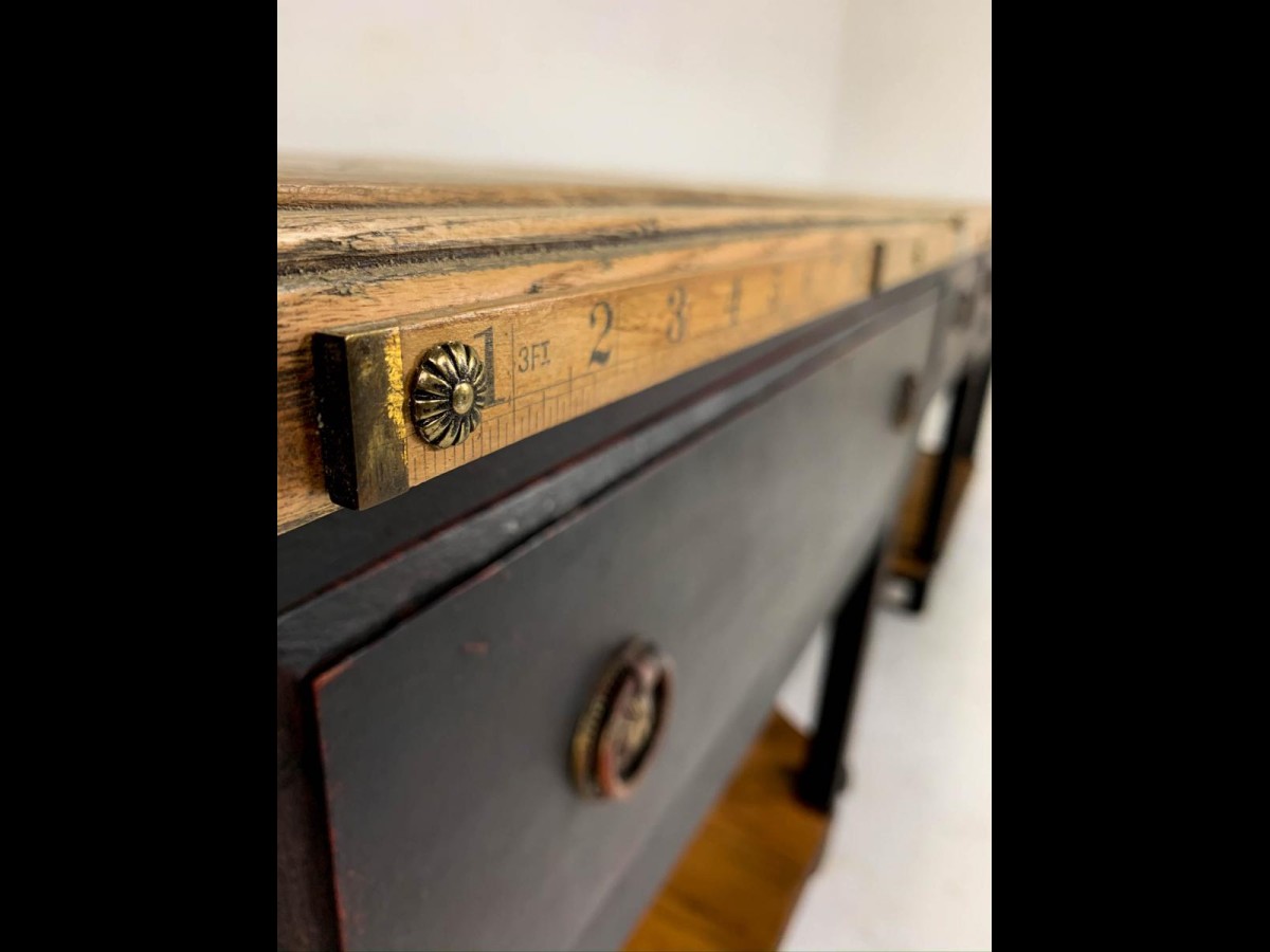 19th Century English Pine Dresser Base Sideboard Oak Parquet Top Haberdashery