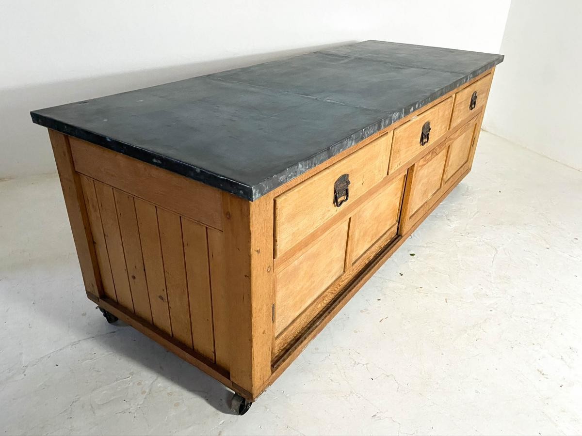 Vintage Baker's Table Kitchen Island with Zinc Top