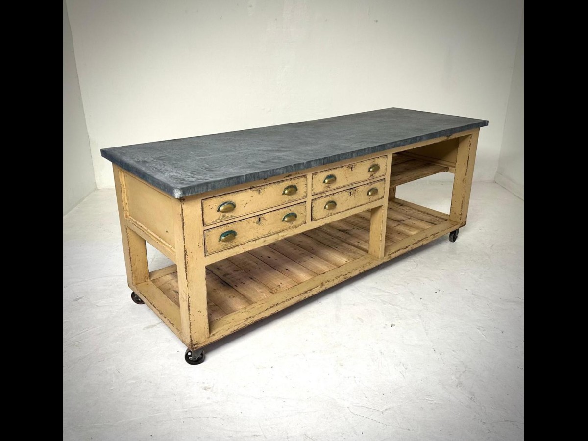 Vintage Industrial Workbench Kitchen Island with Zinc Top 