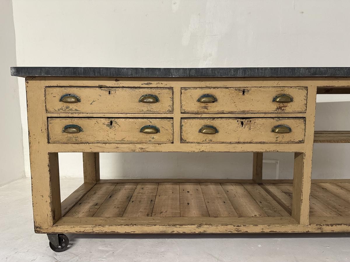 Vintage Industrial Workbench Kitchen Island with Zinc Top 