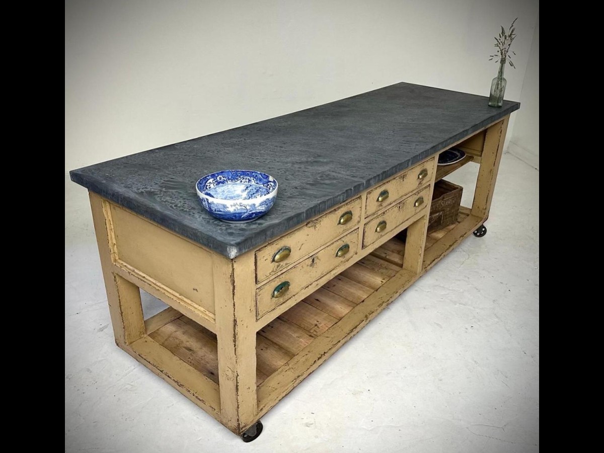 Vintage Industrial Workbench Kitchen Island with Zinc Top 