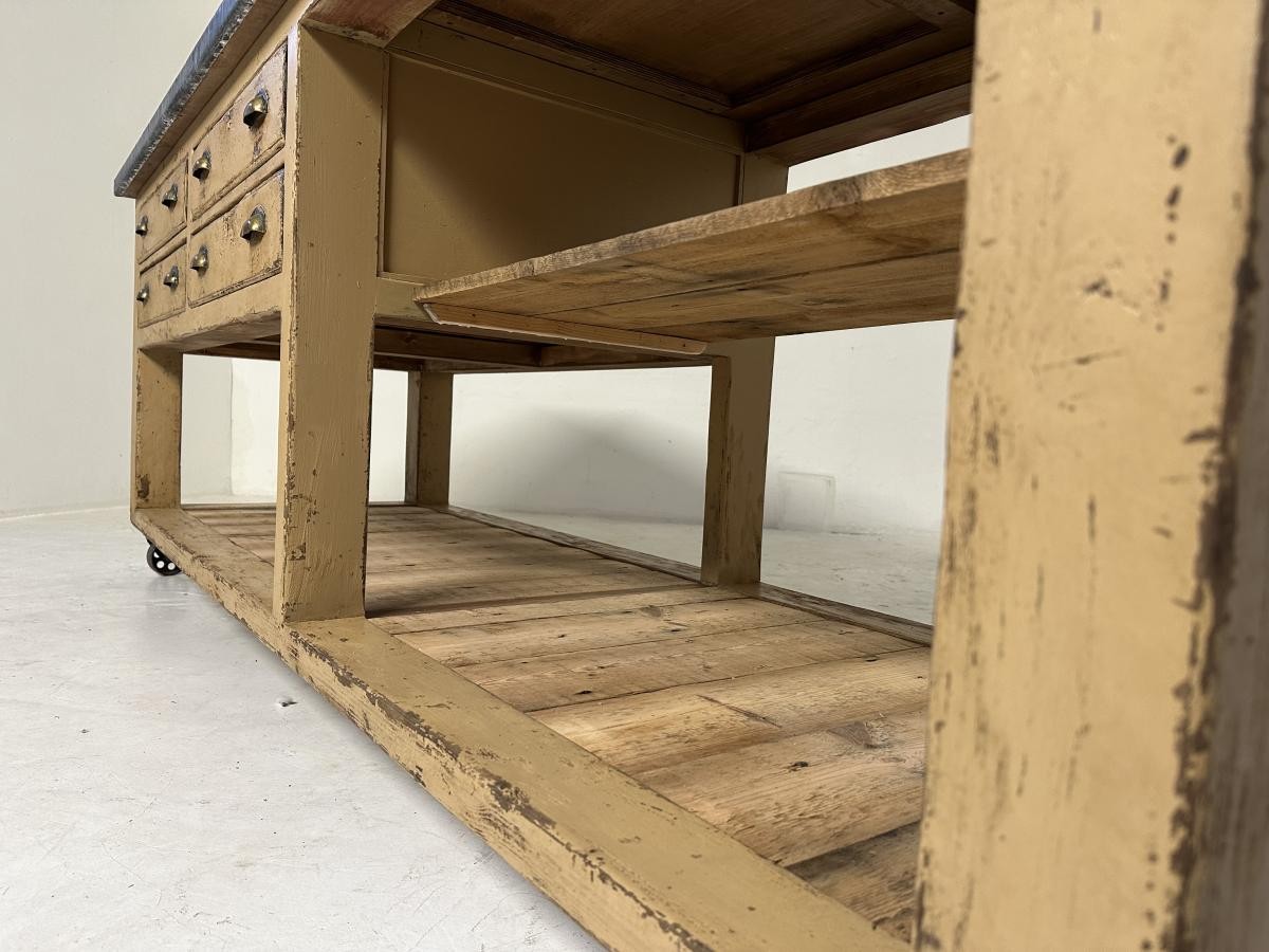 Vintage Industrial Workbench Kitchen Island with Zinc Top 