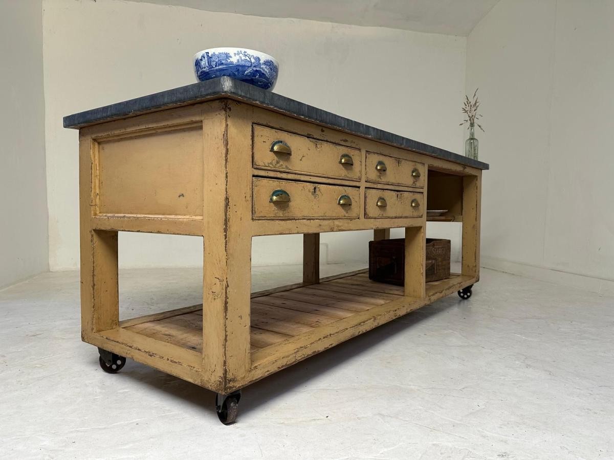 Vintage Industrial Workbench Kitchen Island with Zinc Top 