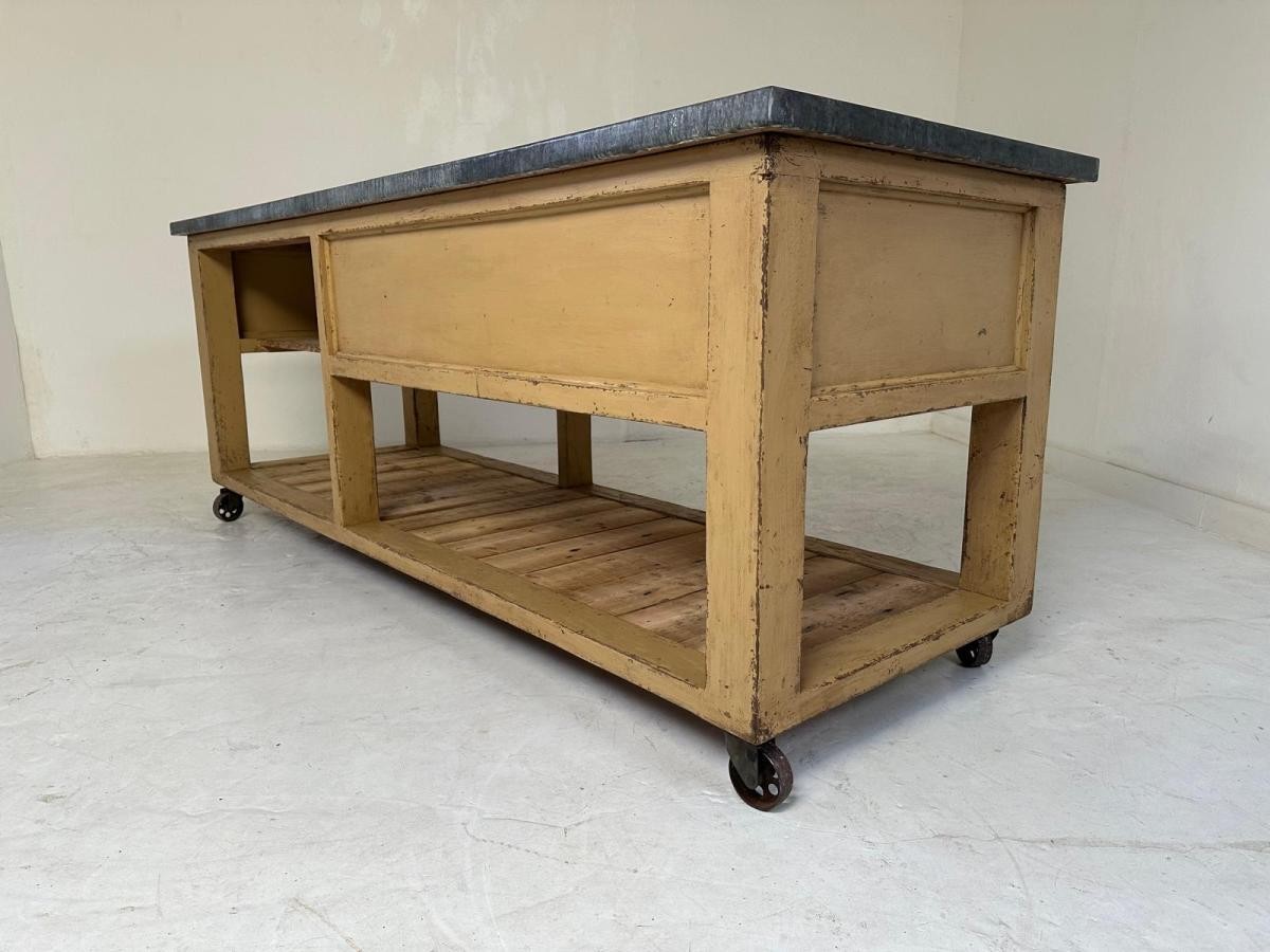 Vintage Industrial Workbench Kitchen Island with Zinc Top 