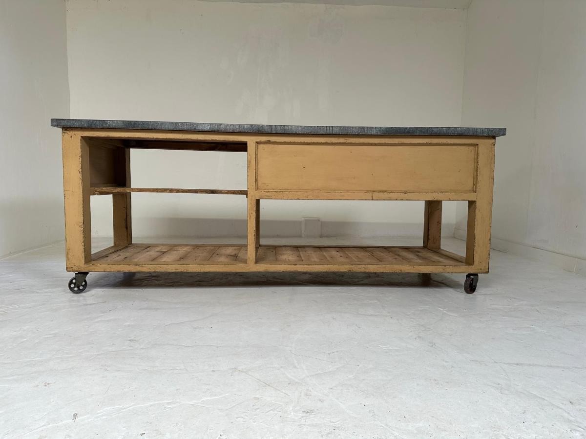 Vintage Industrial Workbench Kitchen Island with Zinc Top 